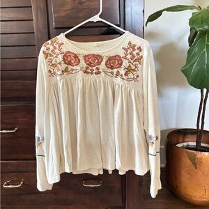 Women's Cream Embroidered Floral Peasant Top